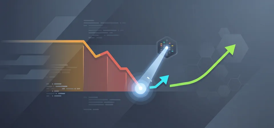 A declining traffic graph analyzed by a diagnostic scanning beam at its lowest point, then recovering into a rising green trend line, illustrating AI-driven content decay analysis and correction