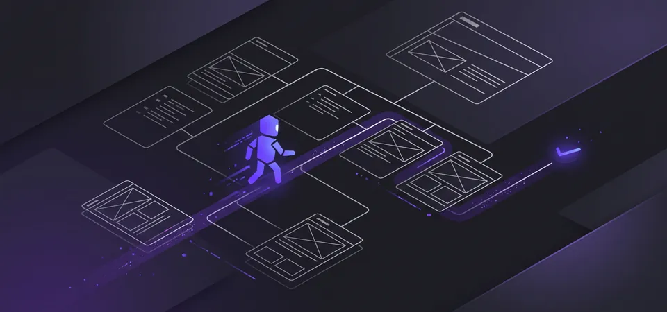 A glowing purple autonomous AI agent walking confidently through a structured wireframe website map toward a checkmark, illustrating Agentic SEO for AI-driven site navigation