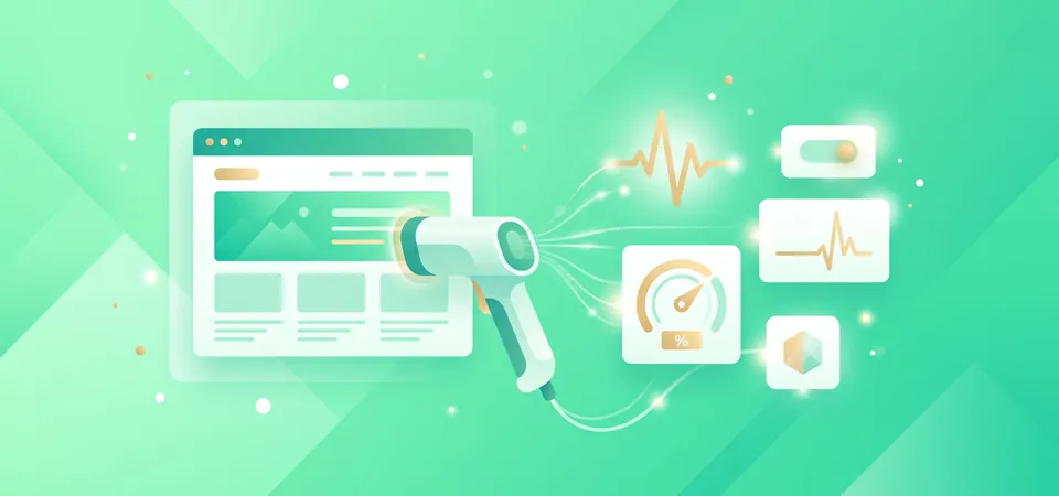 A diagnostic scanning tool examining a webpage and producing a health dashboard of pulse, percentage gauge, and status readouts, illustrating a complete website SEO status check