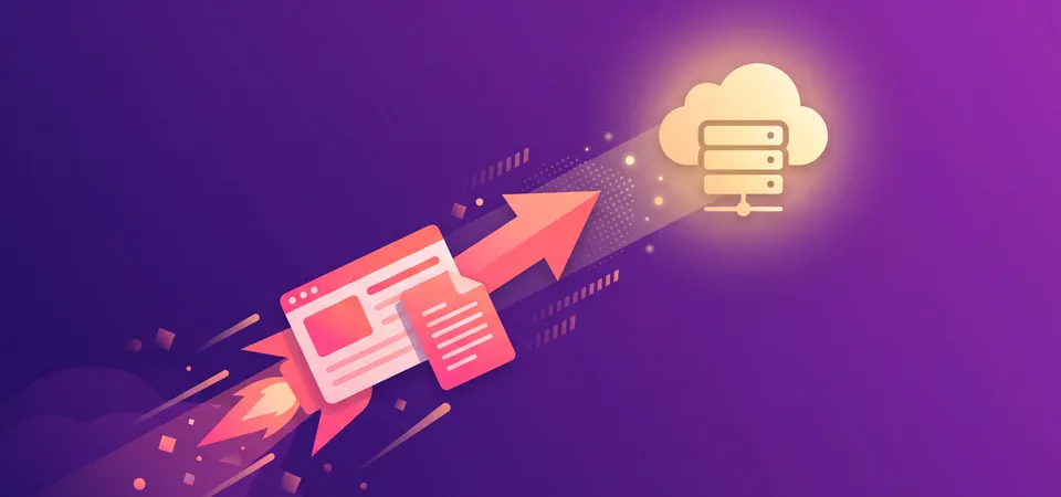 A web page and document launching like a rocket toward a glowing cloud server icon, illustrating actively submitting a page for fast Google indexing