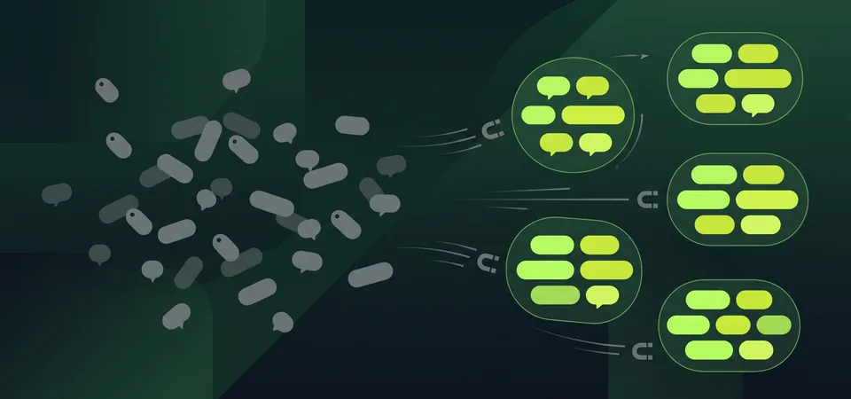 Scattered gray keyword tags being magnetically pulled and organized into distinct green topic clusters, illustrating AI-powered keyword clustering software