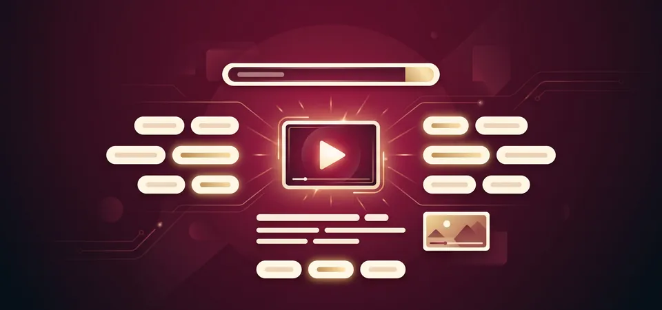 A glowing video play button radiating outward into organized title, tag, description, and thumbnail metadata elements, illustrating a YouTube Video SEO generator