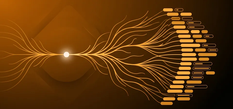 A single glowing seed point branching organically into dozens of golden keyword suggestion pills, illustrating a free keyword suggestion tool