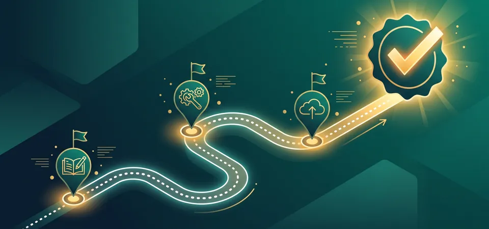 A glowing roadmap with four checkpoints — writing, technical setup, submission, and verification — leading to a final gold checkmark seal, illustrating the complete path to getting a website indexed