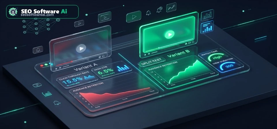 Data visualization showing YouTube thumbnail A/B testing metrics, balancing CTR and watch time, with graphs and analytics.