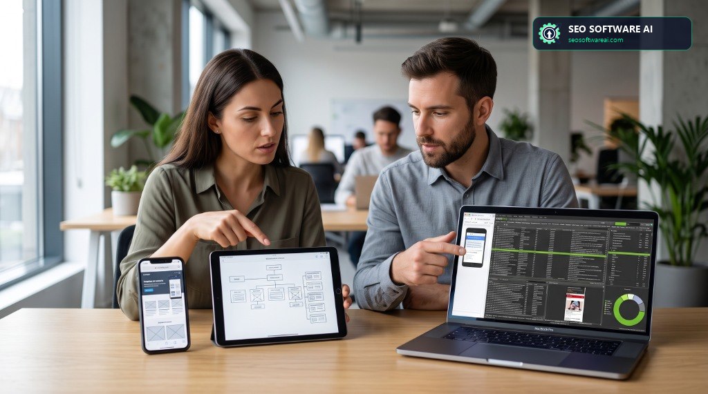 Architectural blueprint analyzing mobile layout cognitive load, progressive disclosure patterns, and AI Overview summarization ingestion