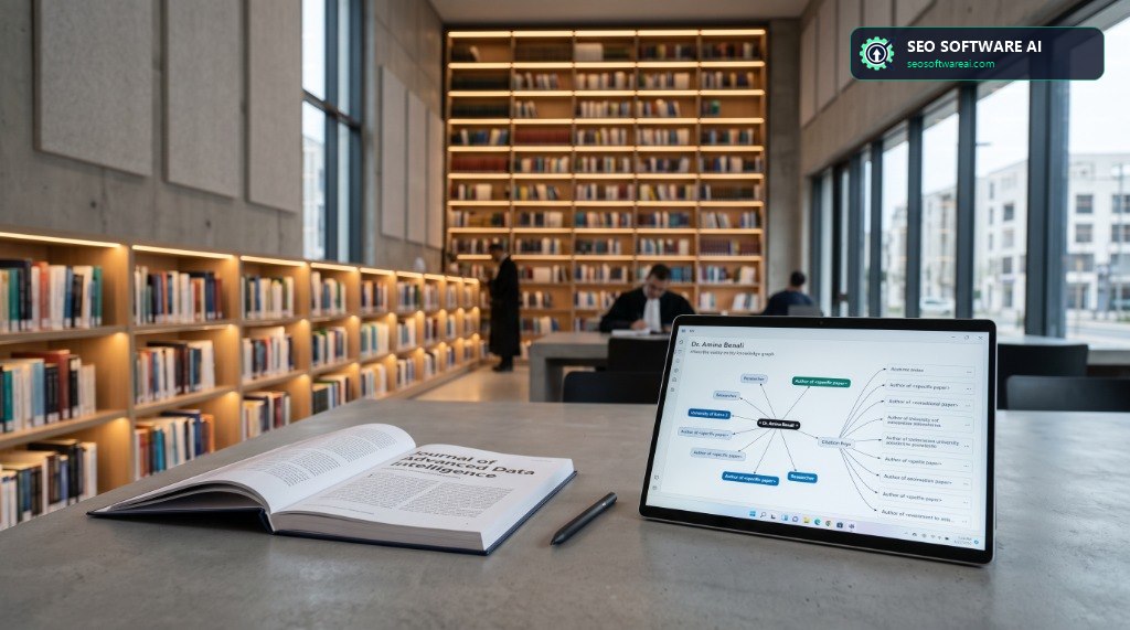 Complex graph database schema for author entities with interconnected nodes representing experience, expertise, authoritativeness, and trustworthiness