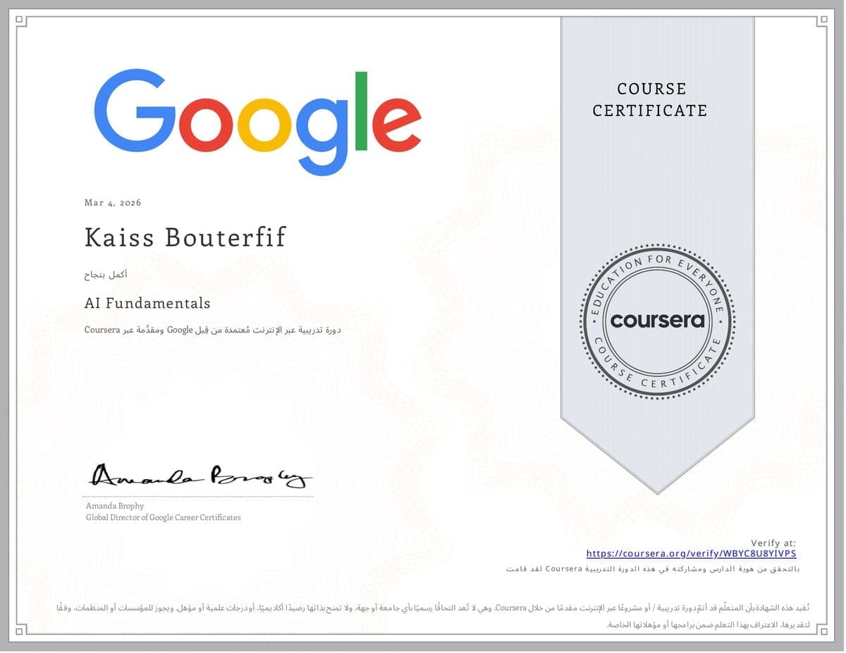 AI Fundamentals certificate awarded to Kaiss Bouterfif, Google-accredited course via Coursera
